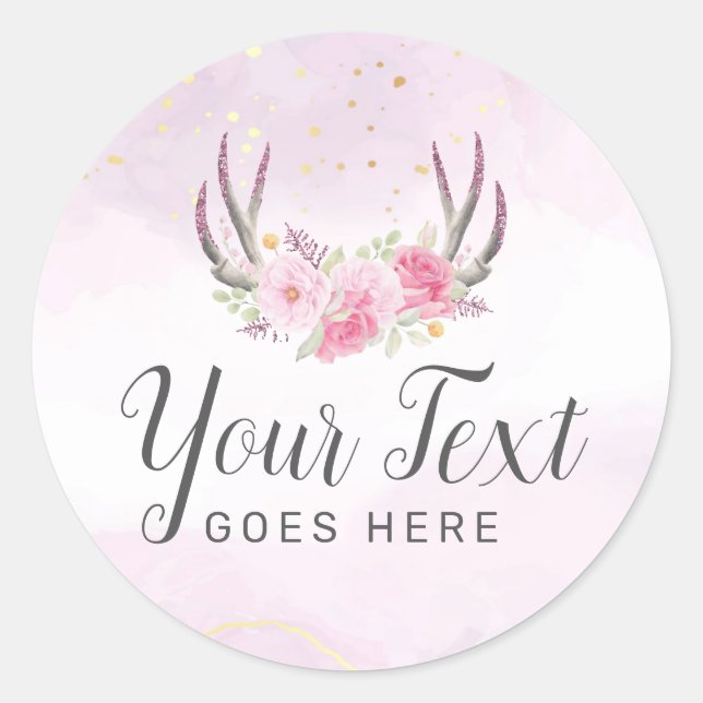 Blush Pink Gold Marble Rustic Floral Antlers Chic Classic Round Sticker (Front)