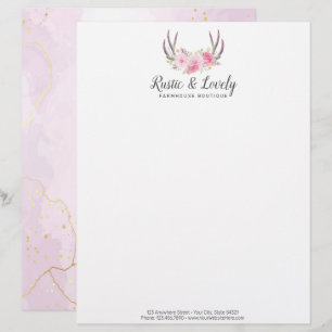 Blush Pink Gold Marble Rustic Floral Antlers Chic Custom Letterhead