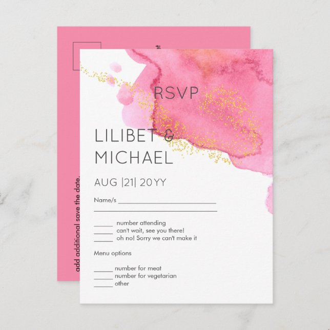 Blush Pink Gold Modern Wedding RSVP with Menu Postcard (Front/Back)