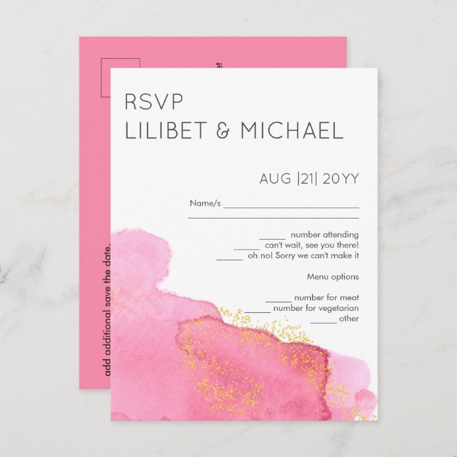 Blush Pink Gold Modern Wedding RSVP with Menu Postcard (Front/Back)