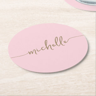 Blush Pink Gold Monogram Name Script Signature Round Paper Coaster