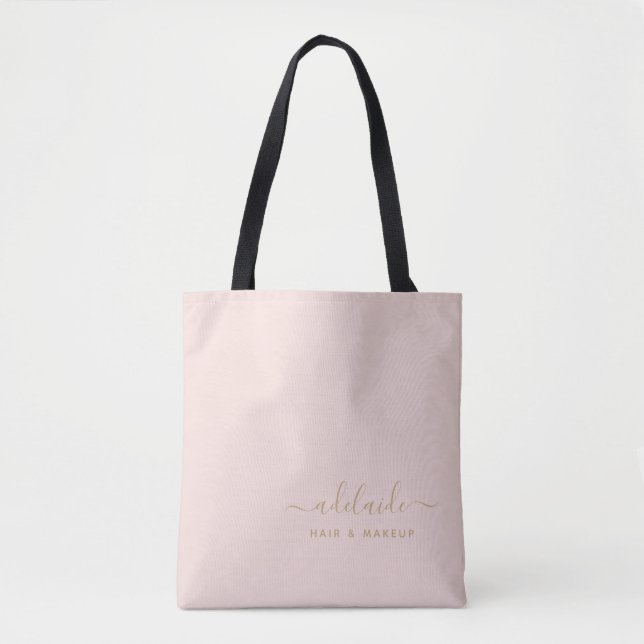 Blush Pink Gold Monogram Script Name Hair Stylist Tote Bag (Front)