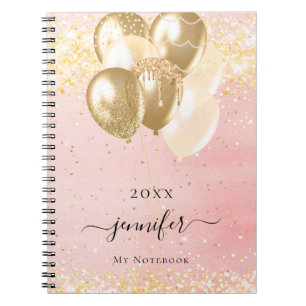 Blush pink gold name sparkles balloons notebook
