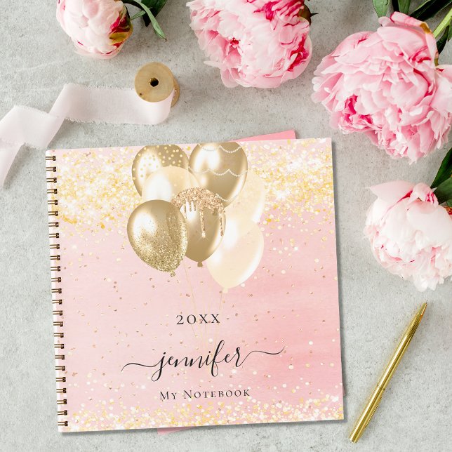 Blush pink gold name sparkles balloons notebook (Creator Uploaded)