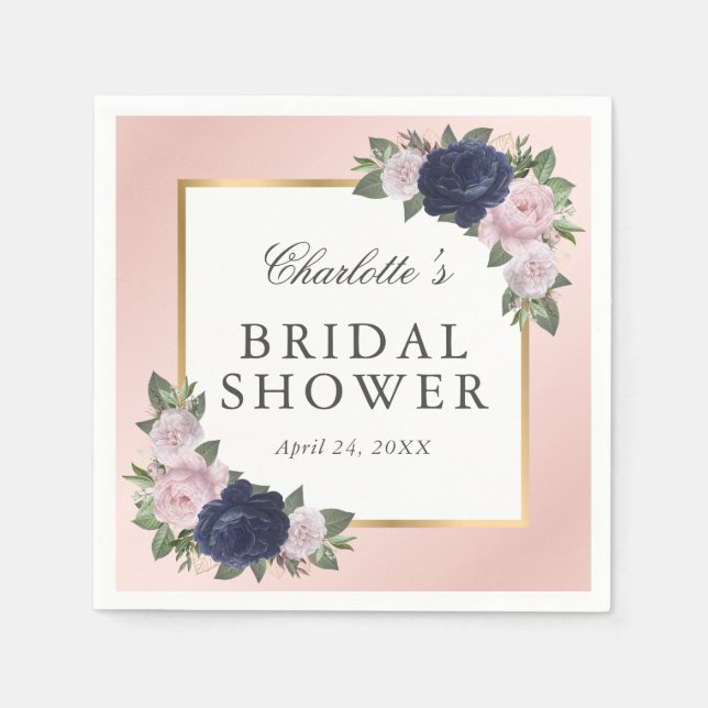 Blush Pink Gold Navy Blue Floral Bridal Shower Napkin (Front)