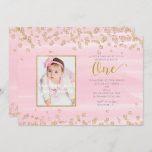 Blush Pink Gold ONE 1st Birthday Photo Invitation