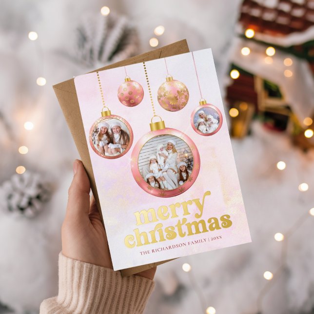 Blush Pink & Gold Ornament Photo Christmas  Foil Holiday Card (Blush Pink & Gold Ornament Photo Christmas Foil Holiday Card)
