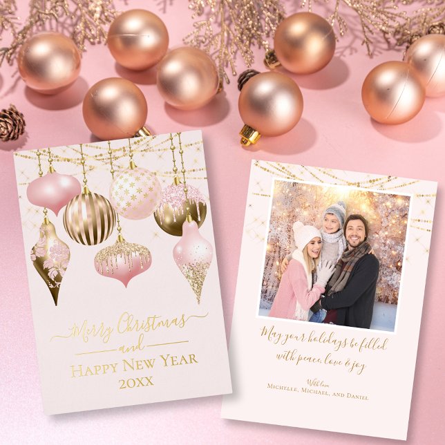 Blush Pink & Gold Ornaments Merry Christmas Photo Foil Holiday Card (Blush Pink Gold Ornaments Merry Christmas Photo Foil Holiday Card)