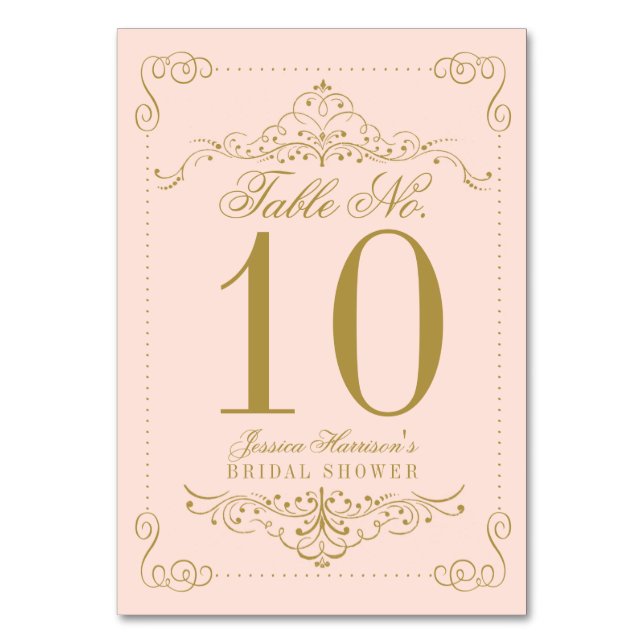 Blush Pink & Gold Ornate Swirl Bridal Shower Table Number (Front)