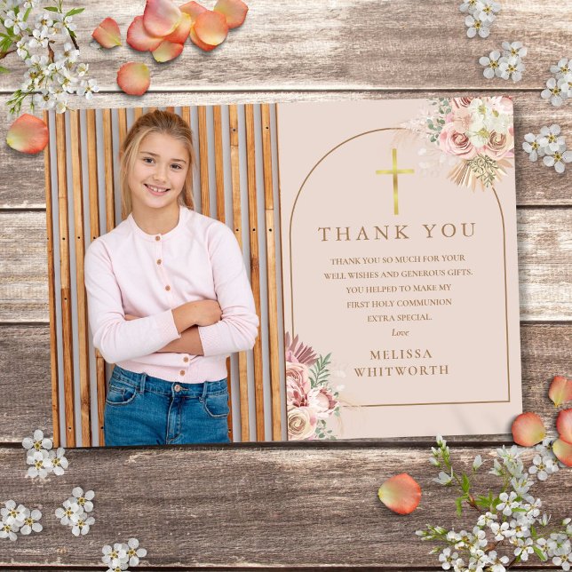 Blush Pink Gold Pampas Grass First Holy Communion  Thank You Card (Blush Pink Gold Pampas Grass First Holy Communion Thank You Card)