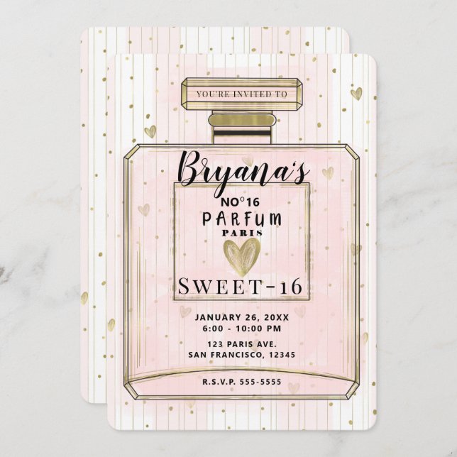 Blush Pink & Gold Paris Parfum Sweet 16 Birthday Invitation (Front/Back)