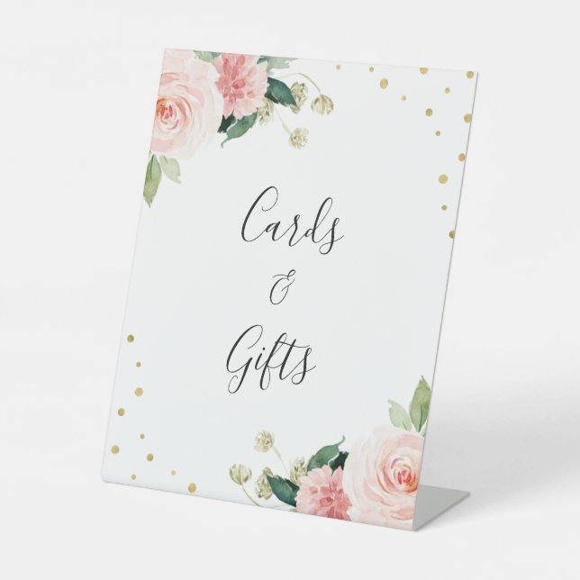 Blush pink gold peony floral wedding gifts sign (Front)