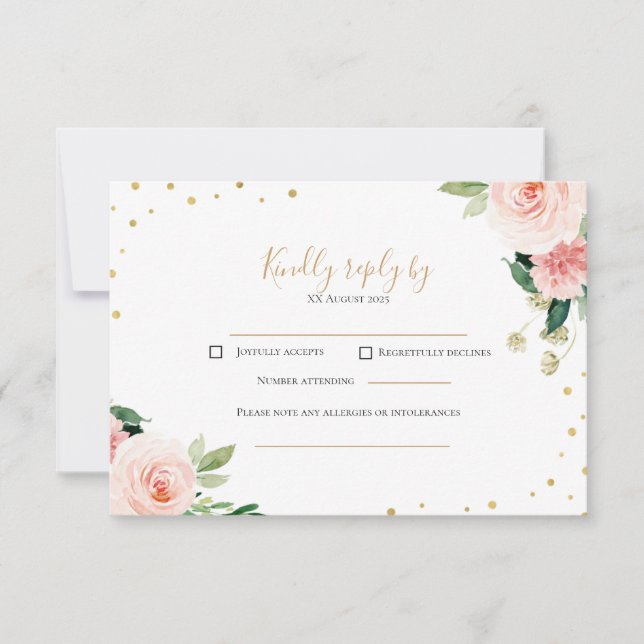 Blush pink gold peony floral wedding RSVP card (Front)