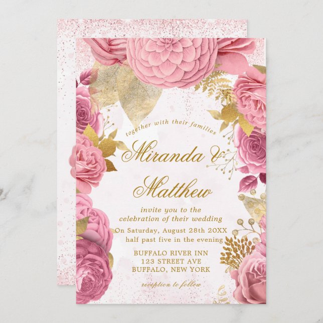 Blush Pink Gold Peony Glitter Wedding Invitations (Front/Back)