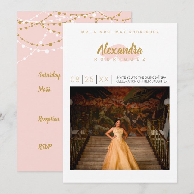 Blush Pink & Gold Photo Quinceanera Invitation (Front/Back)