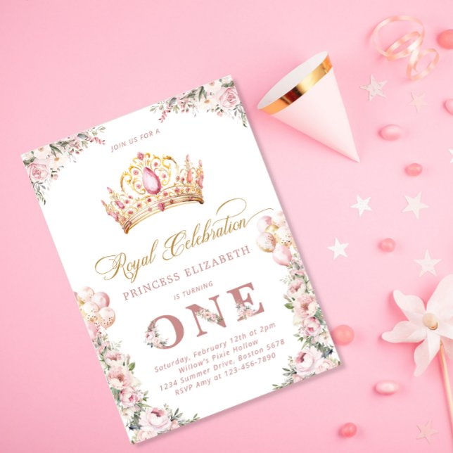 Blush Pink Gold Princess 1st Birthday Party Crown Invitation (Creator Uploaded)