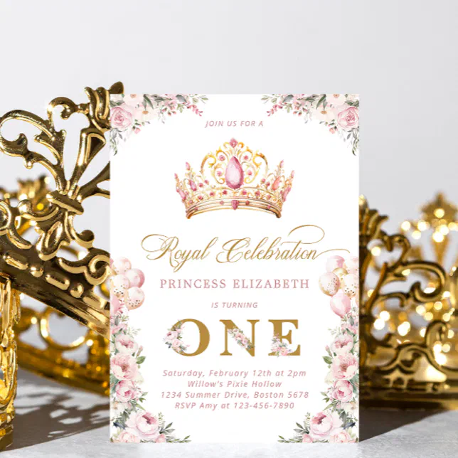 Blush Pink Gold Princess 1st Birthday Party Crown Invitation | Zazzle