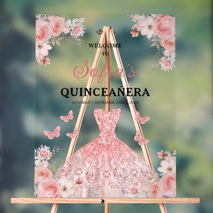 Blush Pink Gold Princess Quinceañera Welcome  Acrylic Sign