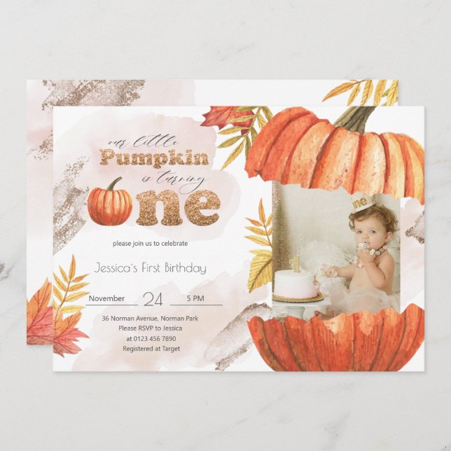 Blush Pink Gold Pumpkin First Birthday With Photo Invitation (Front/Back)