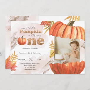 Blush Pink Gold Pumpkin First Birthday With Photo Invitation