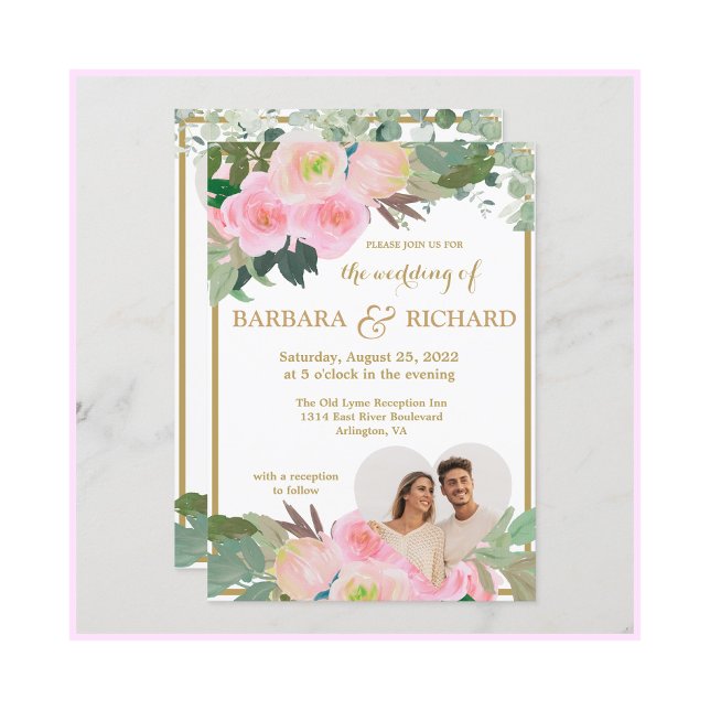 Blush Pink Gold Romantic Floral Photo QR Wedding   Invitation (Creator Uploaded)