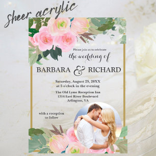 Blush Pink Gold Romantic Floral Photo Wedding Acrylic Invitations