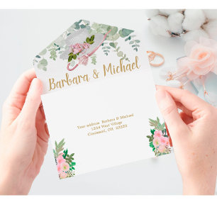 Blush Pink Gold Romantic Floral Wedding  All In One Invitation