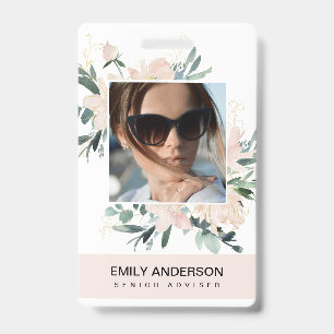 BLUSH PINK GOLD ROSE FLORAL PHOTO LOGO IDENTITY ID BADGE