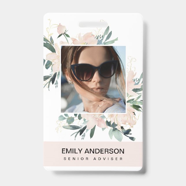 BLUSH PINK GOLD ROSE FLORAL PHOTO LOGO IDENTITY ID BADGE (Front)