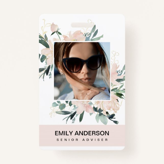 BLUSH PINK GOLD ROSE FLORAL PHOTO LOGO IDENTITY ID BADGE (Front)
