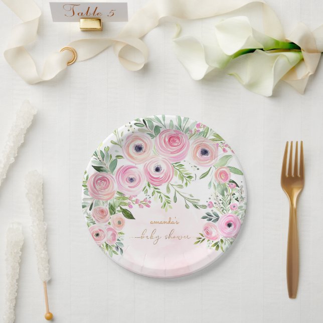 Blush Pink Gold Roses Baby Girl Shower Paper Plate (Wedding)