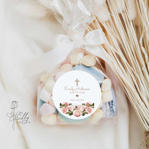 Blush Pink Gold Roses Christening Favour  Classic Round Sticker