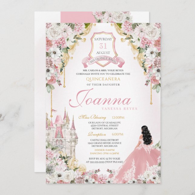 Blush Pink Gold Royal Princess Castle Quinceanera Invitation (Front/Back)