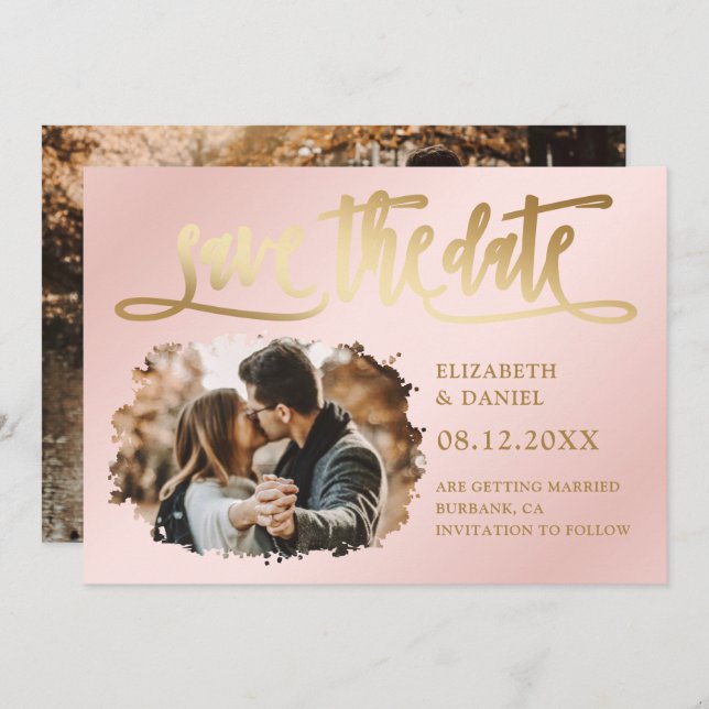 Blush Pink Gold Script Wedding 2 Photo Save The Date (Front/Back)