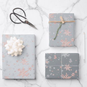 Blush Pink Gold & Silver Snowflakes Tones Of Gray  Wrapping Paper Sheet