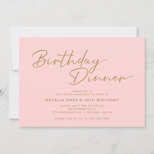 Blush Pink & Gold | Simple Elegant Birthday Dinner Invitation (Front)