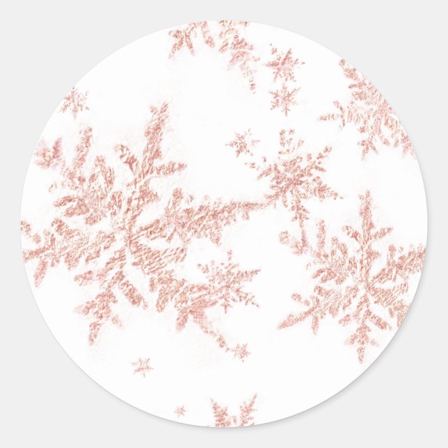 Blush Pink Gold Snowflakes White Classic Round Sticker (Front)
