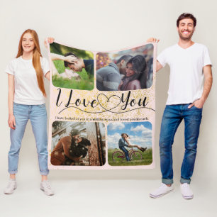 Blush Pink Gold Sparkle Love Couple Photo Collage  Fleece Blanket