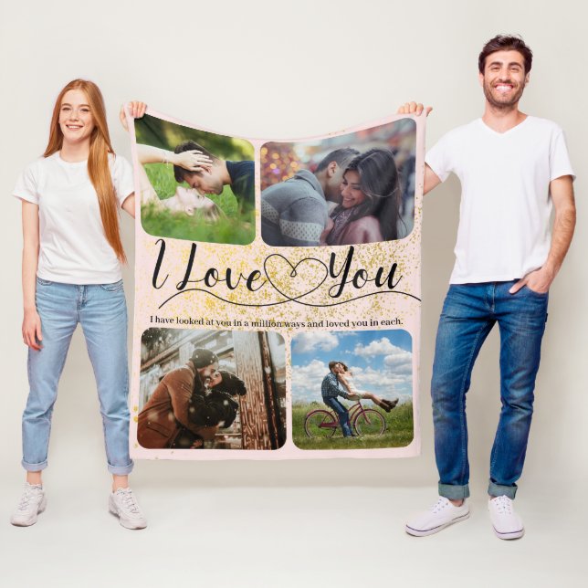 Blush Pink Gold Sparkle Love Couple Photo Collage  Fleece Blanket (In Situ)