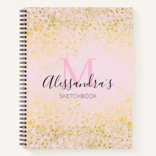 Blush Pink & Gold Sparkle Monogram Name Sketchbook Notebook (Front)