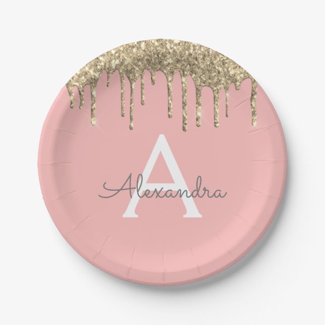 Blush Pink Gold Sparkly Glitter Monogram Birthday Paper Plate (Front)