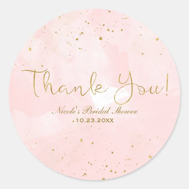 Blush Pink & Gold Splatter Modern Bridal Shower Classic Round Sticker (Front)