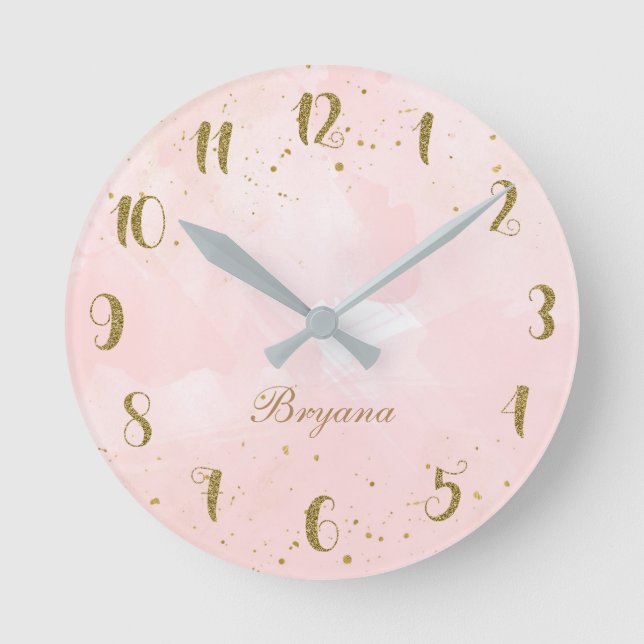 Blush Pink & Gold Splatter Modern Personalised Round Clock (Front)