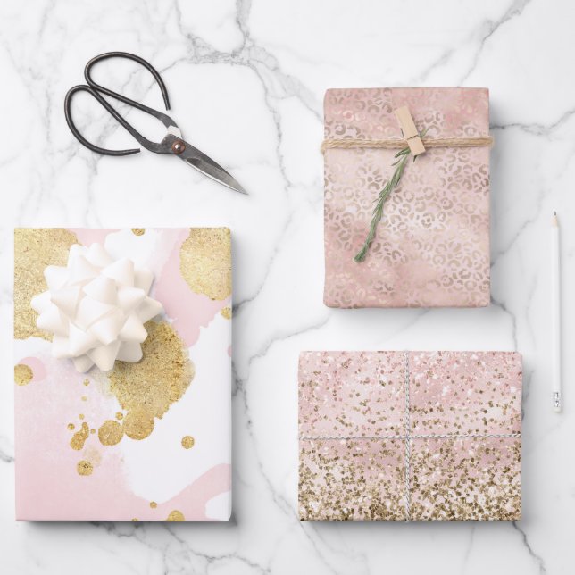 Blush Pink Gold Splatters Abstract Wrapping Paper Sheet (Front)