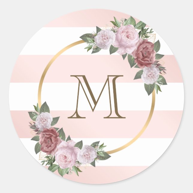 Blush Pink Gold Striped Floral Monogram Classic Round Sticker (Front)