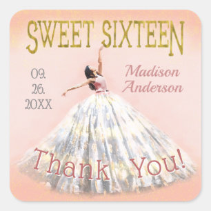 Blush Pink Gold Sweet 16 Birthday Dress Thank You Square Sticker