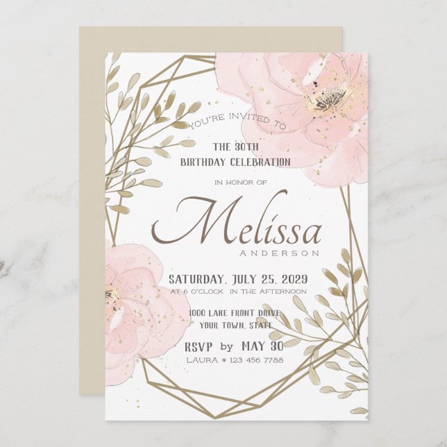 Blush Pink Gold & Taupe Floral Her Birthday Invitation (Front/Back)
