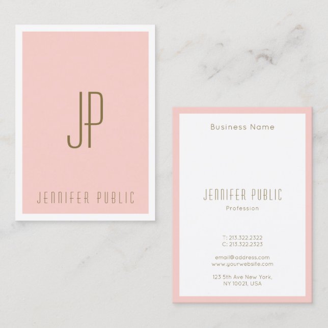 Blush Pink Gold Text Monogram Modern Vertical Business Card (Front/Back)