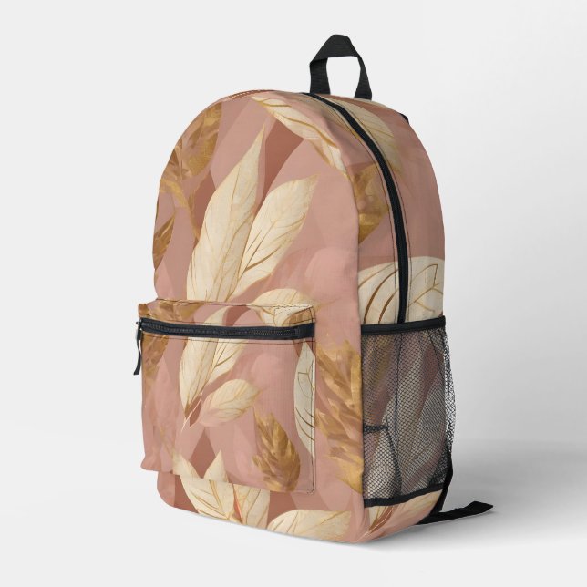 Blush Pink Gold Trendy Boho Leaves Collection Printed Backpack (Back Corner Right)