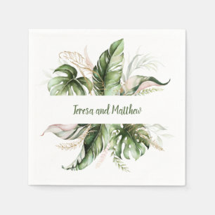 Blush Pink, Gold Tropical Greenery Wedding Napkin
